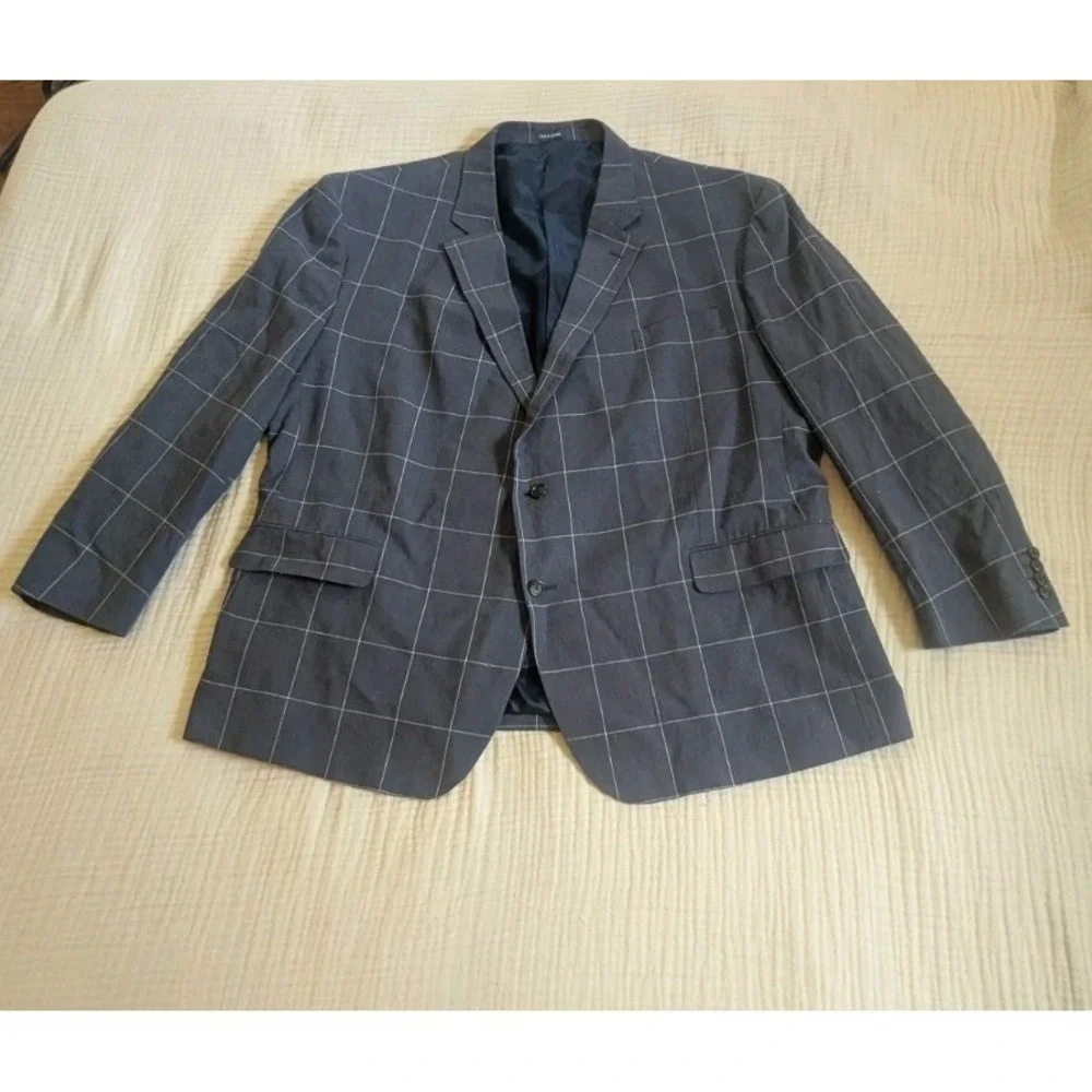 Stafford Linen Blend Signature Blazer Mens 54R Blue Windowpane Check Sports Coat